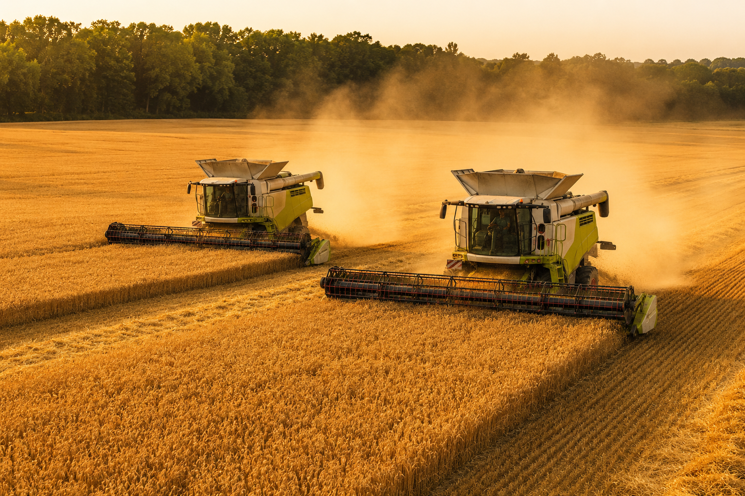 Two combine harvesters in golden rice field at sunset