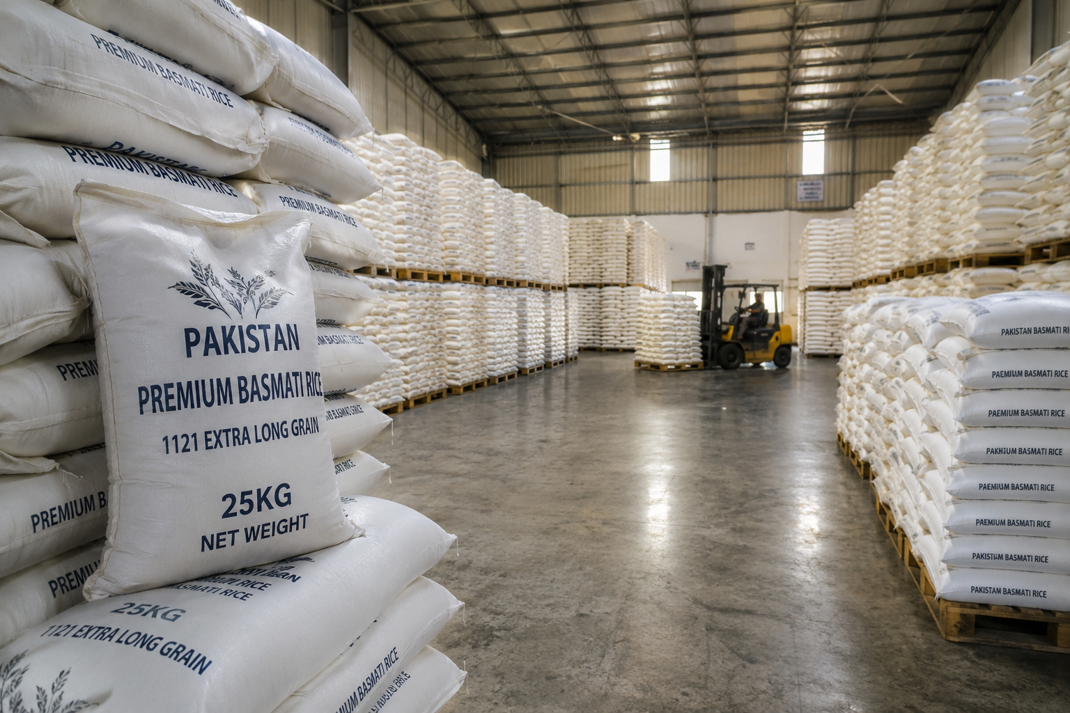 Syedi Rice warehouse storing bulk Basmati rice for export